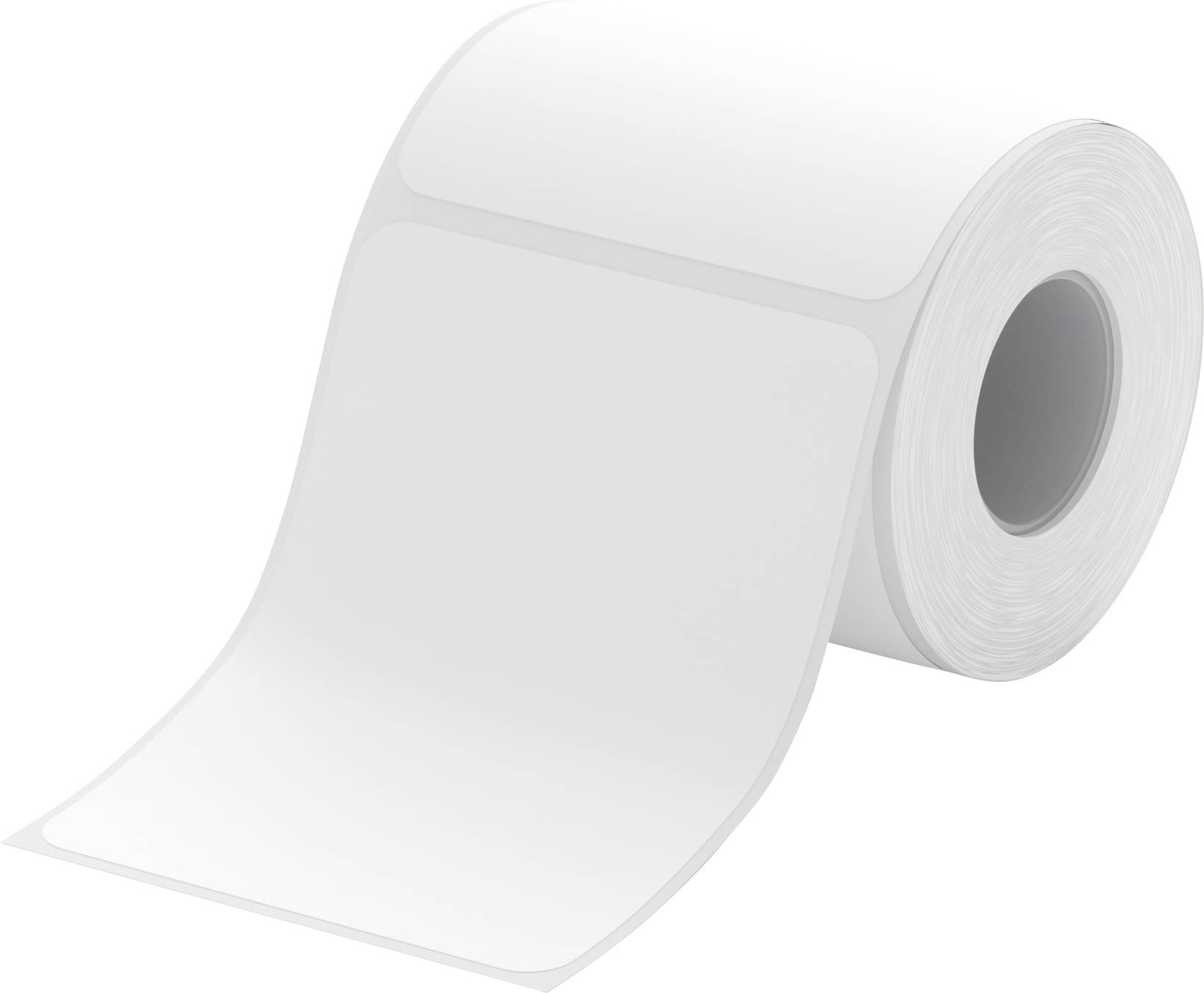 Eine Rolle mit leeren weißen Klebebetiketten oder Aufkleberpapier auf weißem Hintergrund.