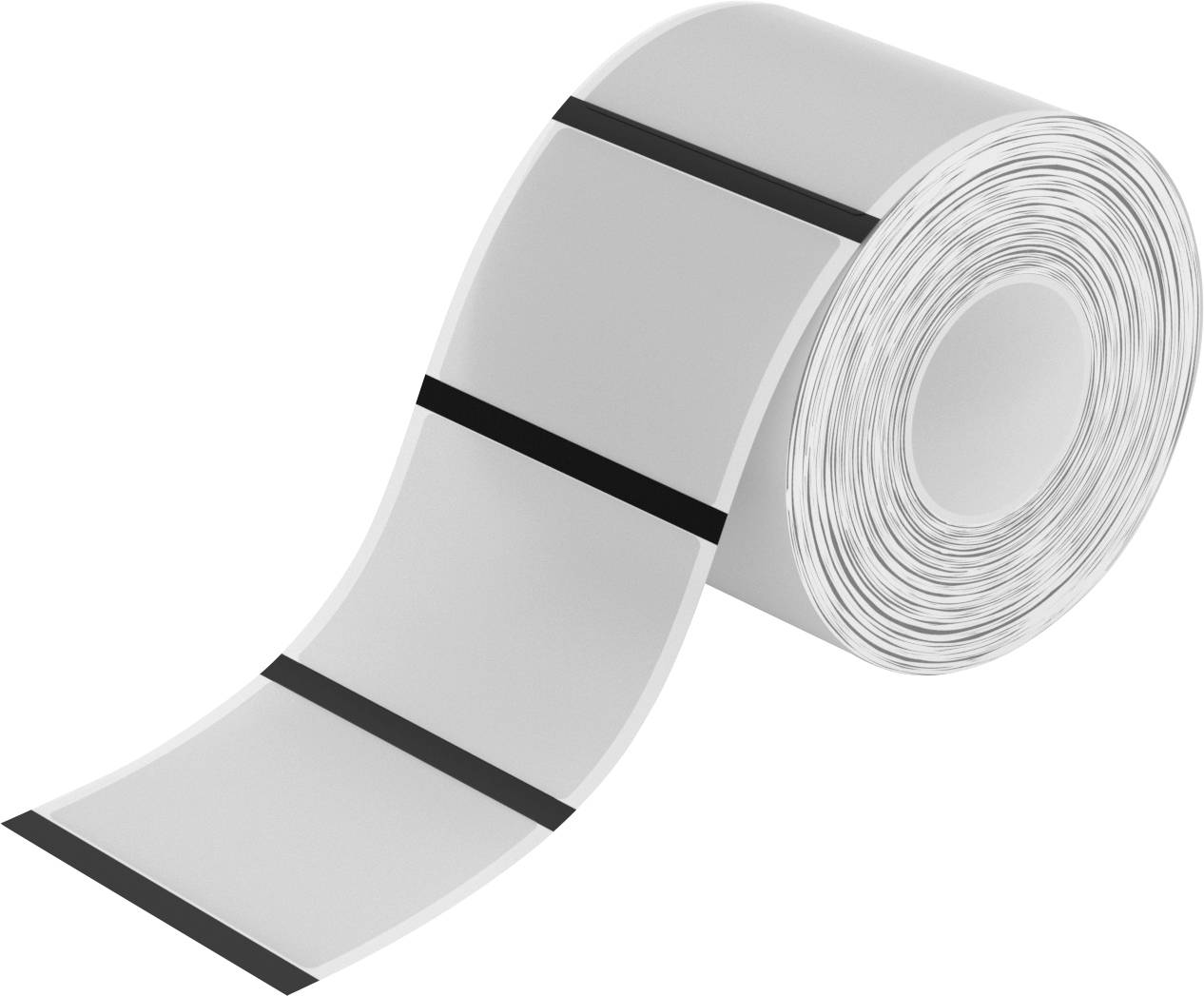 Eine Rolle weißer Klebeetiketten oder Klebeband mit schwarzen Trennlinien, die sich auf weißem Hintergrund abwickelt.