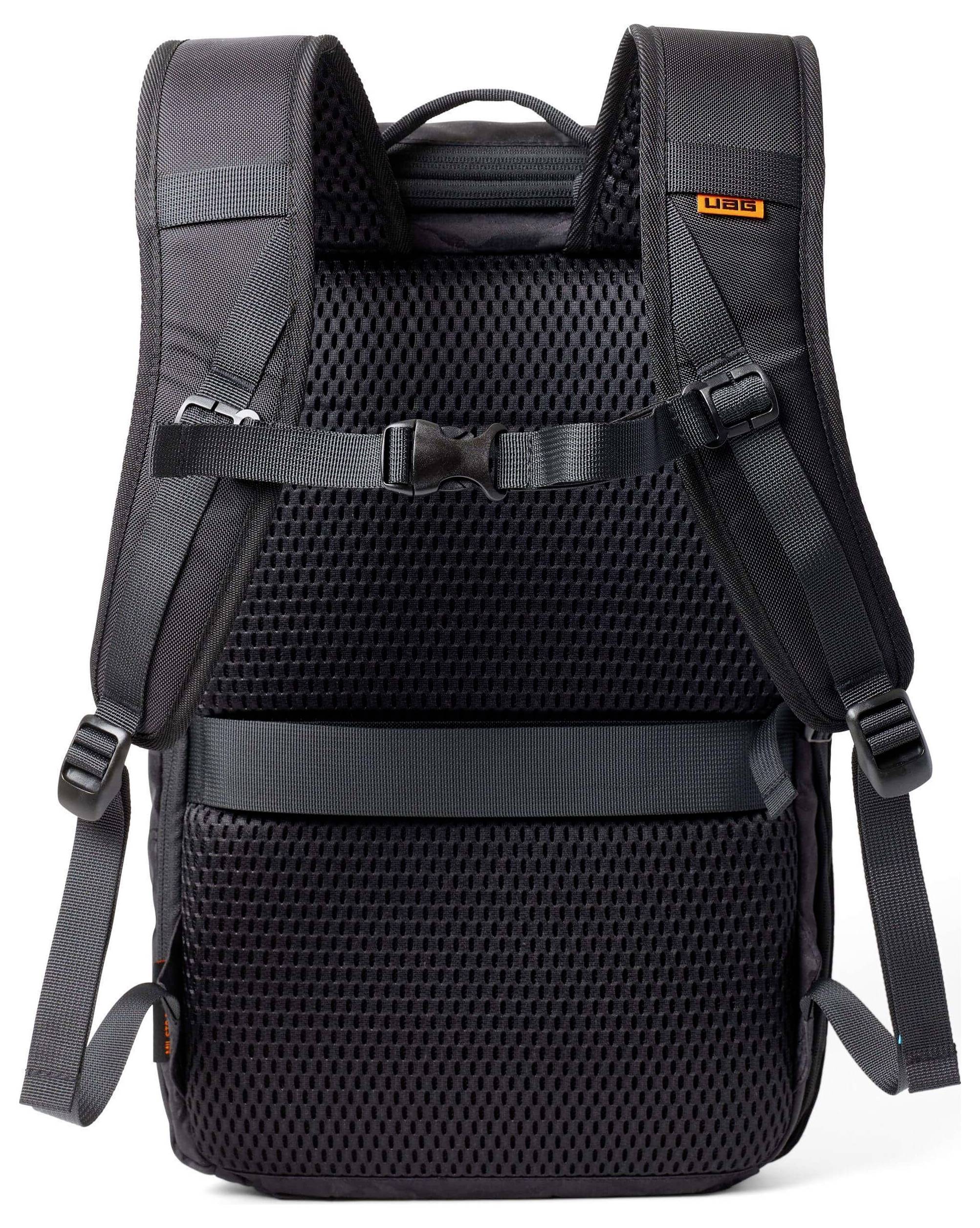 Schwarzer Rucksack mit gepolsterten Schultergurten und Mesh-Rückenpanel, entwickelt für Komfort und Unterstützung bei längerer Nutzung.