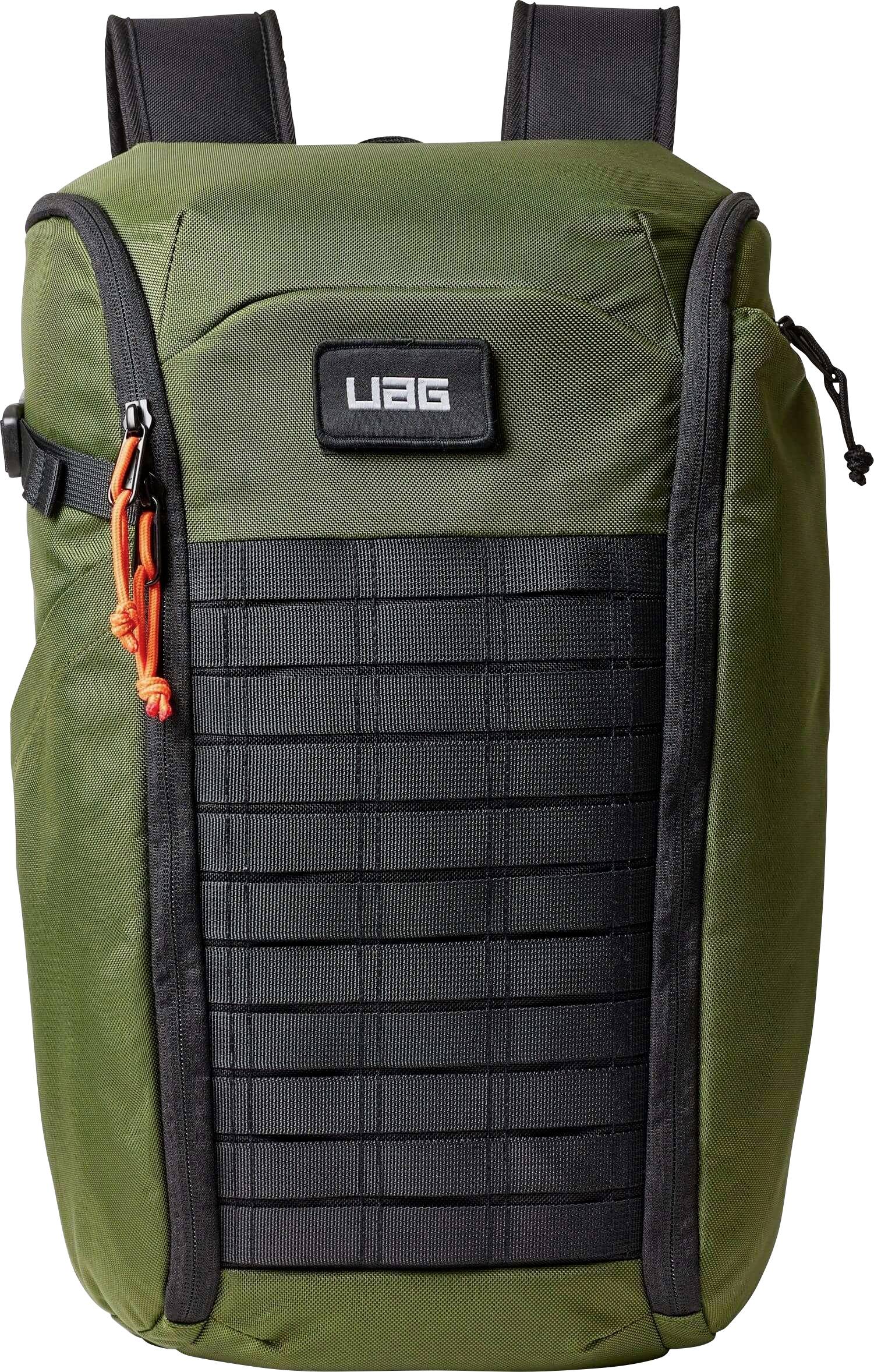 Ein grüner Rucksack mit schwarzen Akzenten und orange Reißverschluss-Zugriffen, mit einem gitterförmigen Frontpanel und dem 