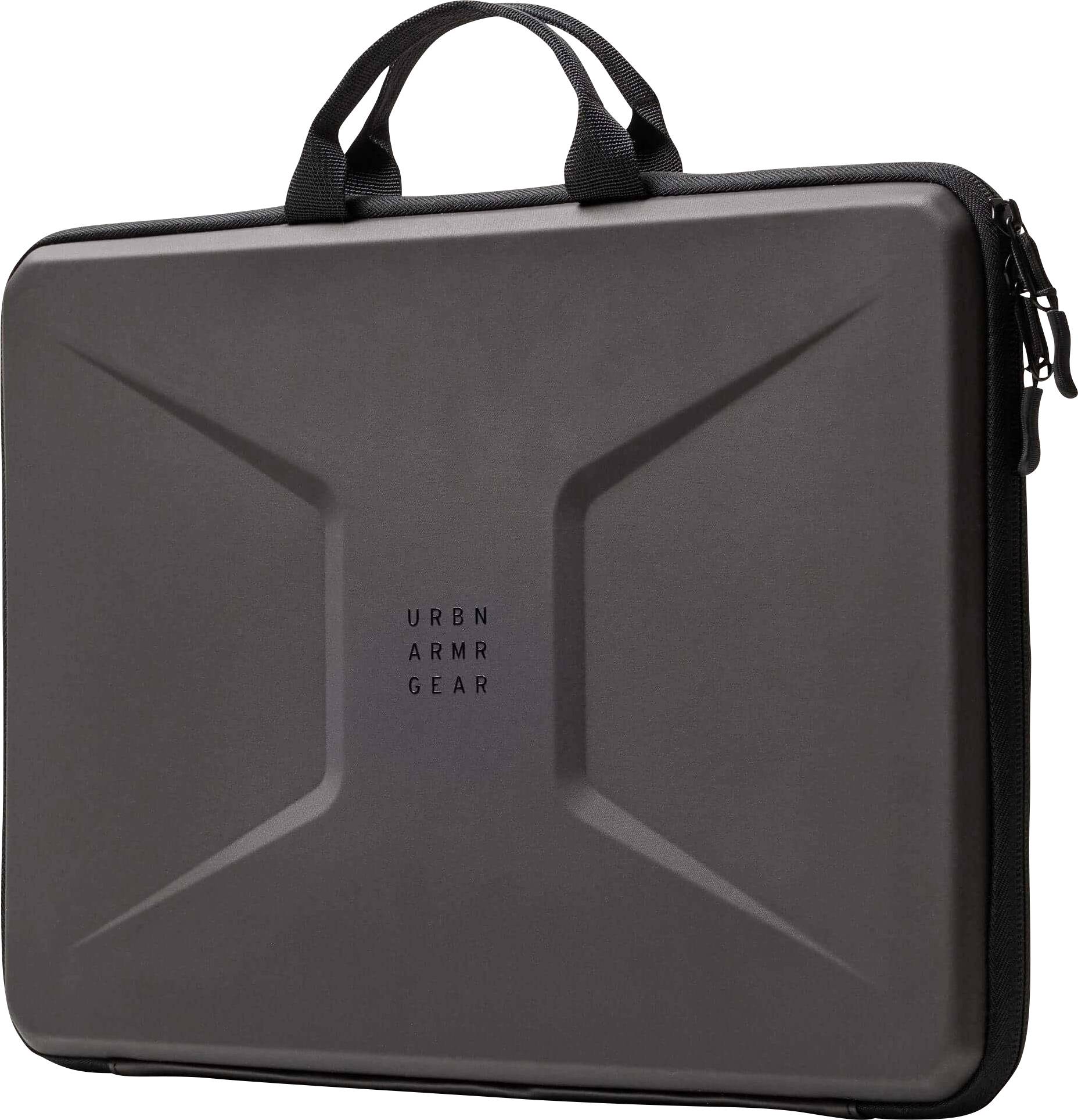 Ein robustes schwarzes Laptop-Etui mit strukturierter, schützender Außenseite und zwei Griffen, auf dem der Text „URBN ARMR GEAR