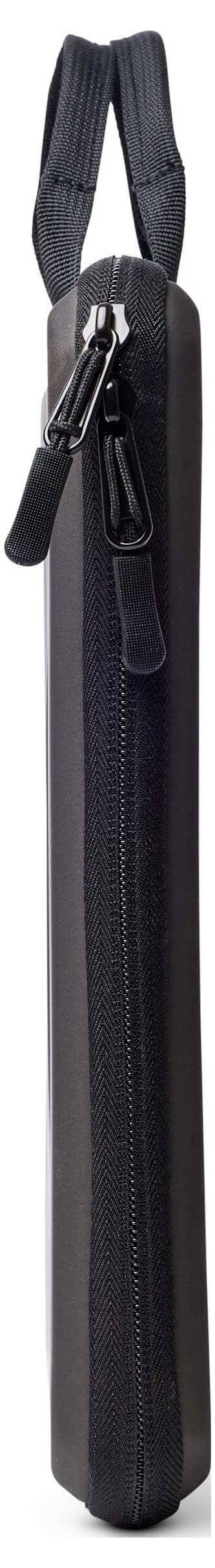 Ein schwarzes, mit Reißverschluss verschlossenes Etui mit Griff, wahrscheinlich zum Transport eines kompakten Gegenstands wie einem tragbaren Musikinstrument oder Teleskop entwickelt.
