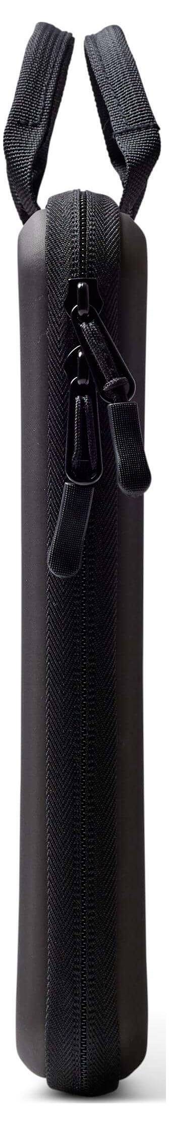 Ein schwarzes reißverschlossenes zylindrisches Etui mit zwei Zugzungen und einem Griff oben.