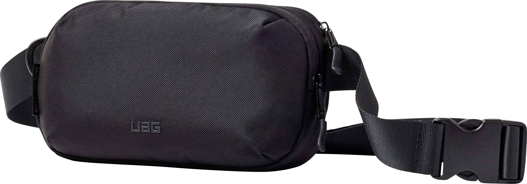 Eine schwarze Hüfttasche mit verstellbarem Riemen und Schnalle, mit einem dezenten 