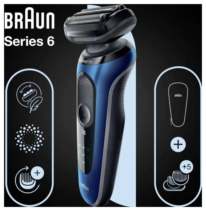 Elektrorasierer-Anzeige mit dem Braun Series 6 Modell, das die „SensoFlex