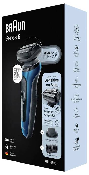 Rasierer der Braun Series 6 SensoFlex auf der Verpackung abgebildet. Besonderheiten sind enge Rasur, Anpassung an empfindliche Haut und präzises Trimmen.
