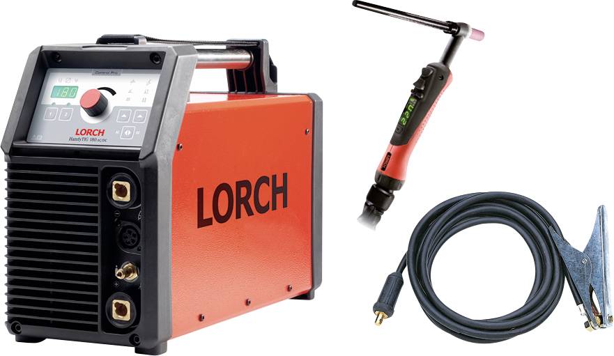 Rote Lorch-Schweißmaschine mit digitaler Anzeige und Bedienelemente, TIG-Brenner mit Griff und blaues Massekabel mit angebrachtem Stecker.