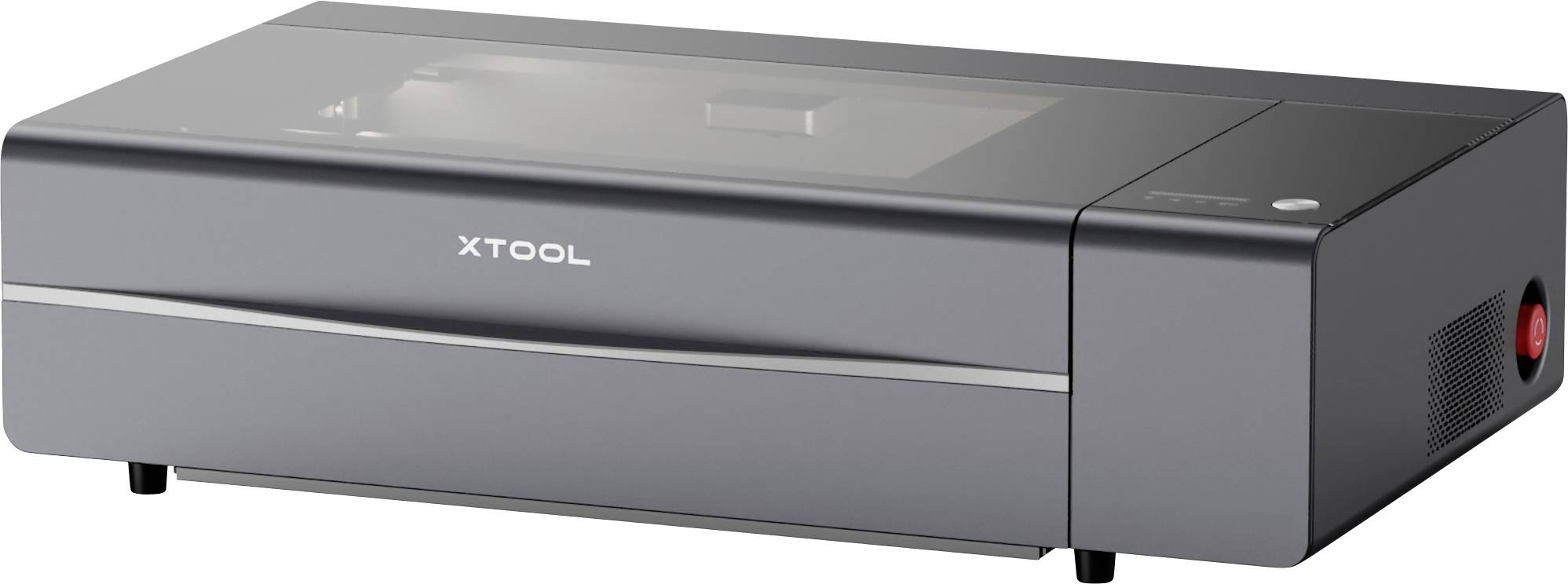Grauer xTool Desktop-Lasergravierer mit Deckel und vorderer Schublade, in Seitenansicht dargestellt.