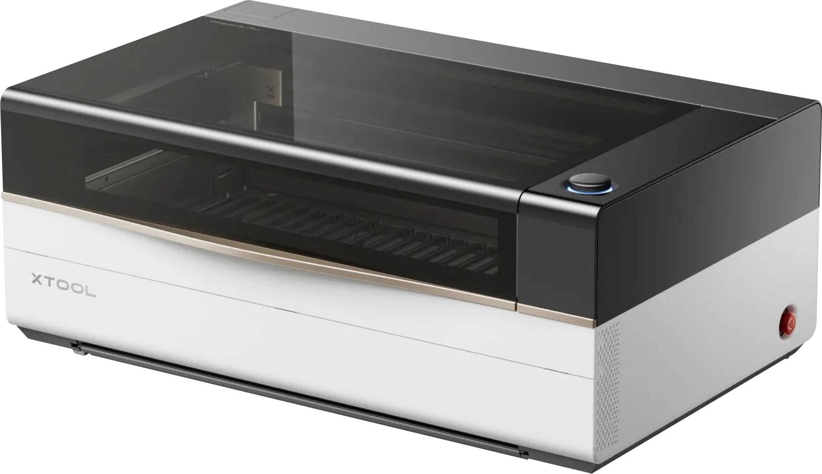 Schwarzweißer xTool-Desktop-Lasergravierer mit transparentem Oberlicht und Steuerschaltfläche, dargestellt in Dreiviertelperspektive auf weißem Hintergrund.