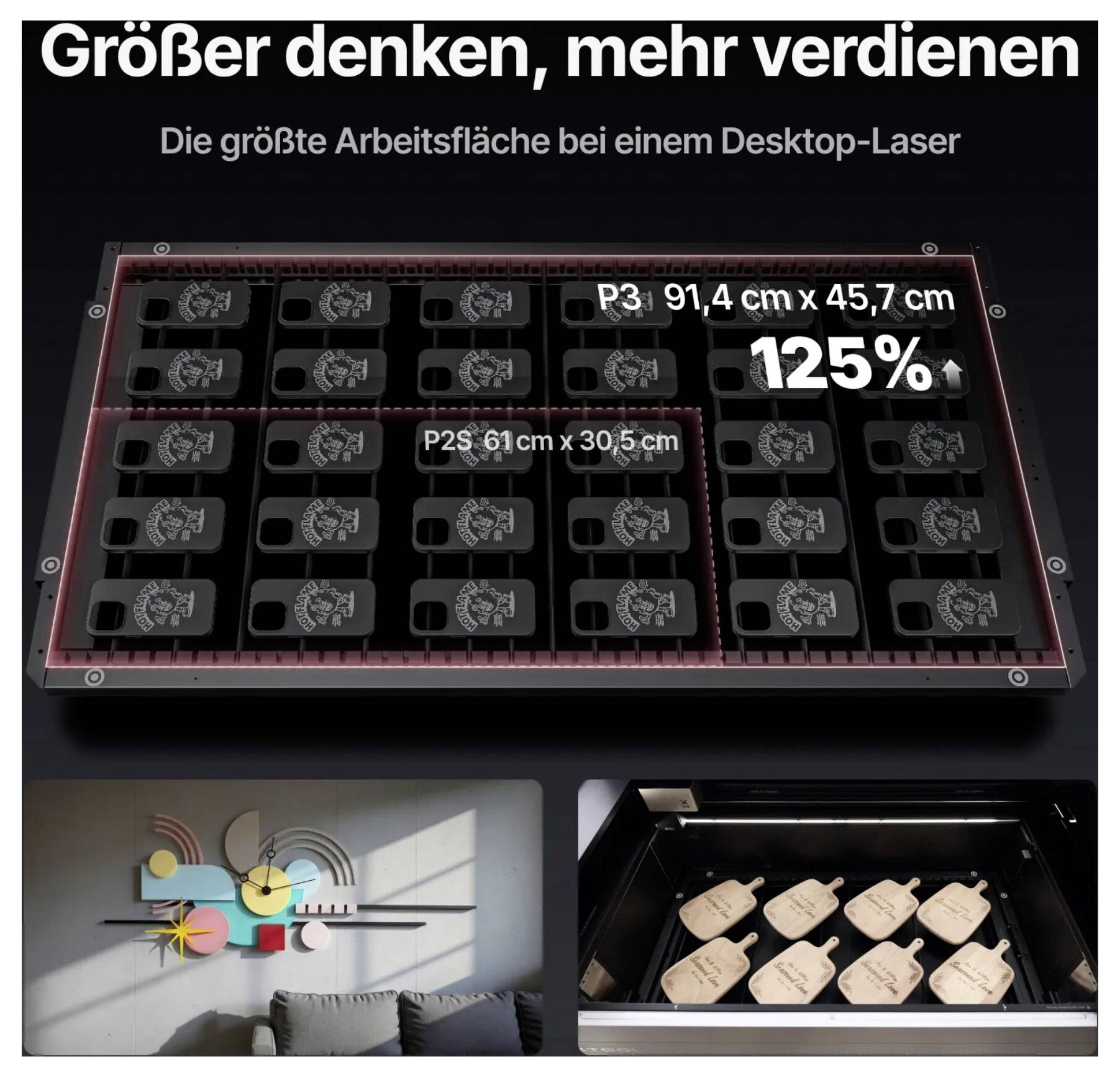 Anzeige für einen Desktop-Laser mit größerer Arbeitsfläche: „Größer denken, mehr verdienen