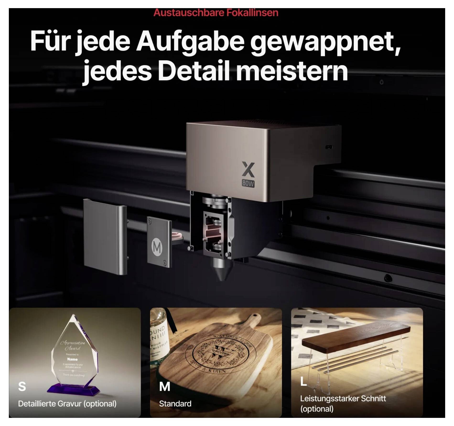 Modulare Graviermaschine mit austauschbaren Klapplinsen; deutscher Text sagt „Für jede Aufgabe ausgerüstet, meistern Sie jedes Detail