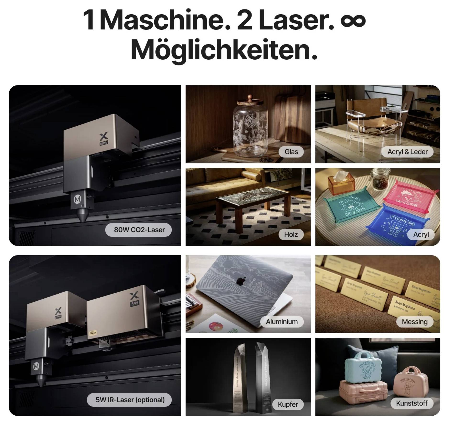 Werbegrafik, die eine Lasermaschine und Beispielmaterialien zeigt, die sie gravieren oder schneiden kann: Glas, Acryl, Holz, Aluminium, Messing, Kupfer, Leder und Kunststoff.