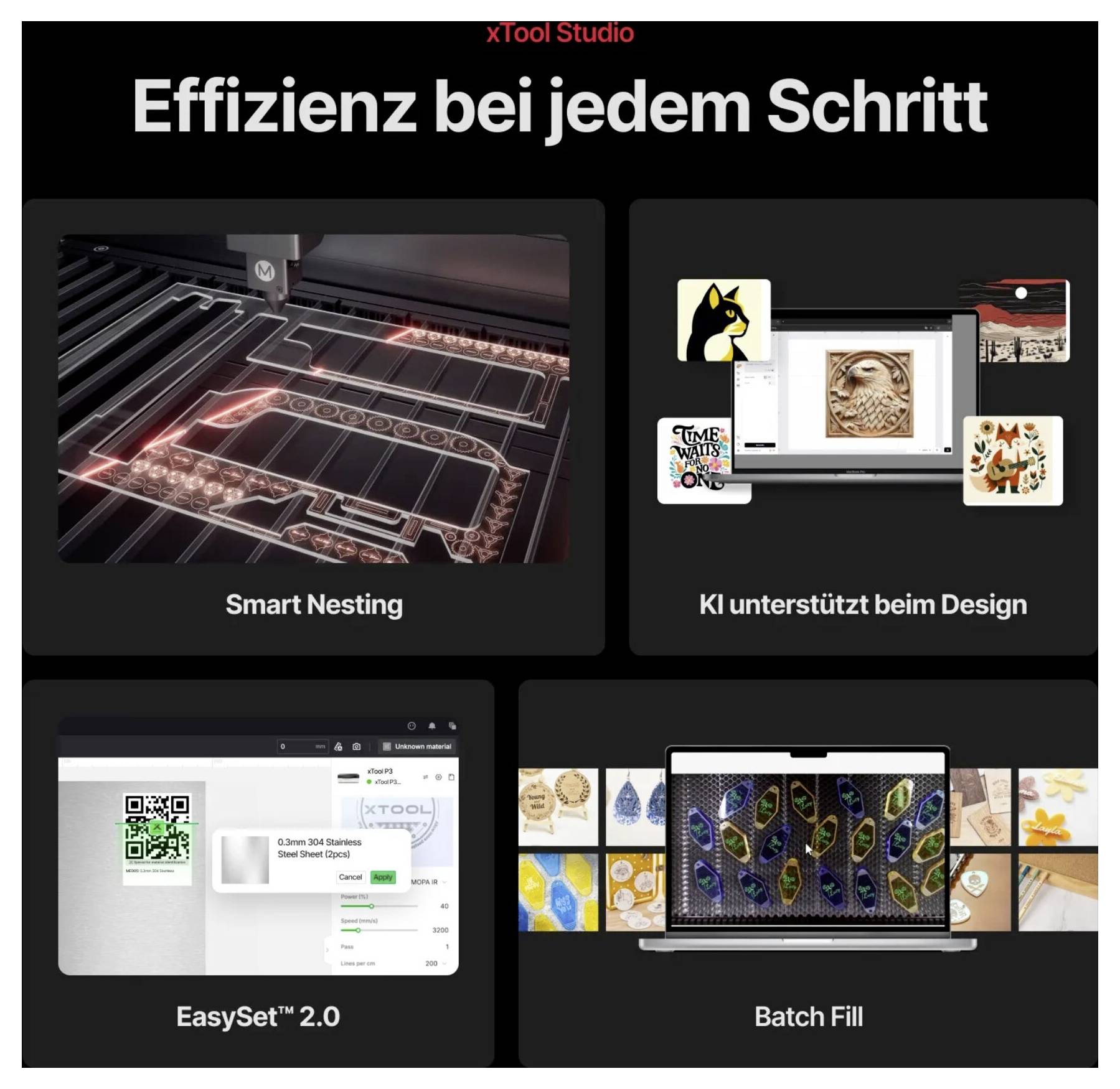 xTool Studio Werbegrafik mit dem Titel „Effizienz bei jedem Schritt