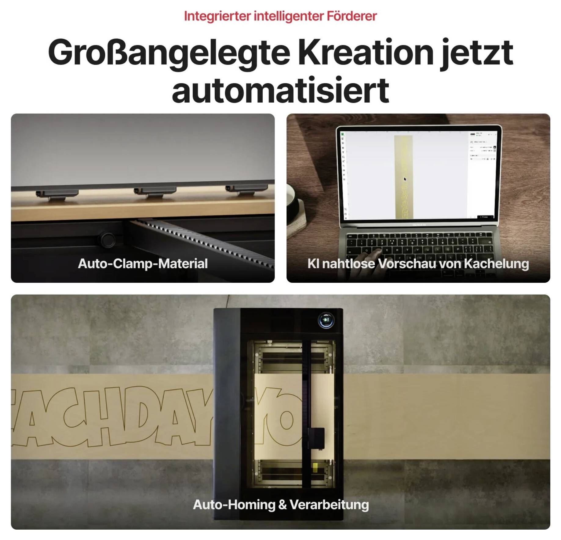 Integrierter intelligenter Schneidplotter für automatisierte Großformatproduktion mit automatischer Materialspannung, KI-Fliesenvorschau und automatischer Ausrichtung/Verarbeitung.