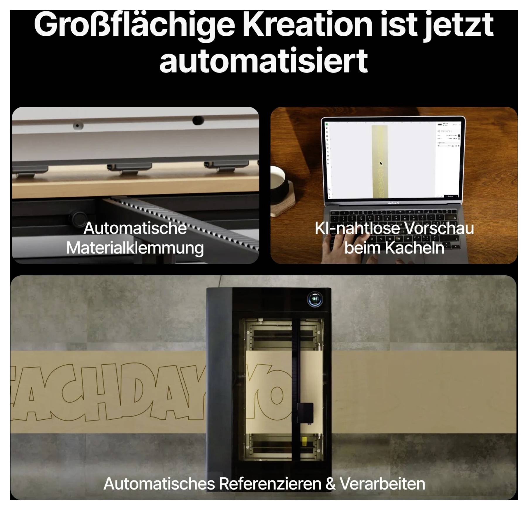 Großflächige Kreation ist jetzt automatisiert[Automatische Materialspannung][KI-Vorschau-Kachelung auf einem Laptop][Automatisierte Referenzierung/Verarbeitung eines großformatigen Drucks]