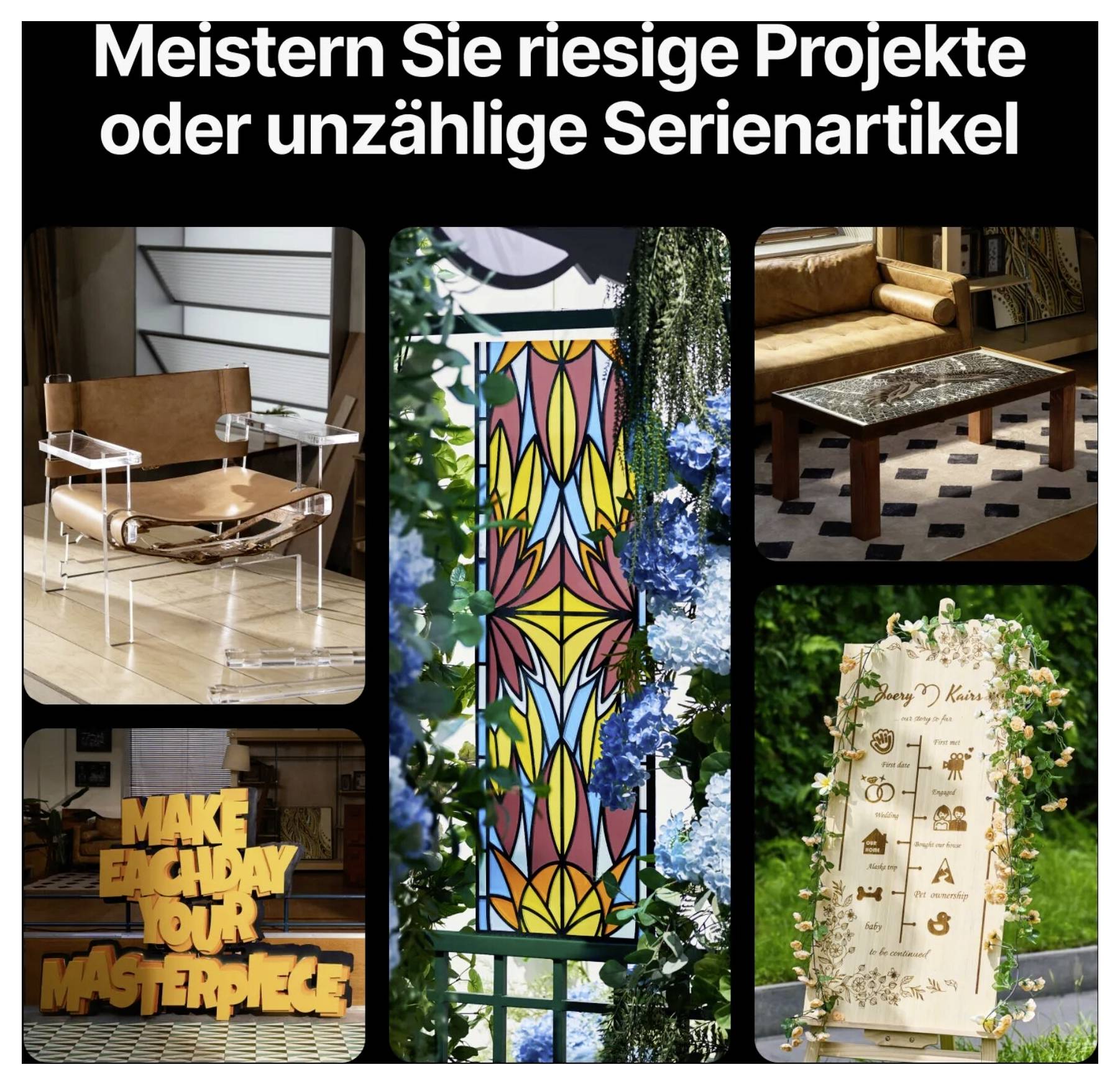 Collage aus anpassbarer Eventdekoration und Beschilderung mit deutscher Überschrift „Meistern Sie riesige Projekte oder unzählige Serienartikel