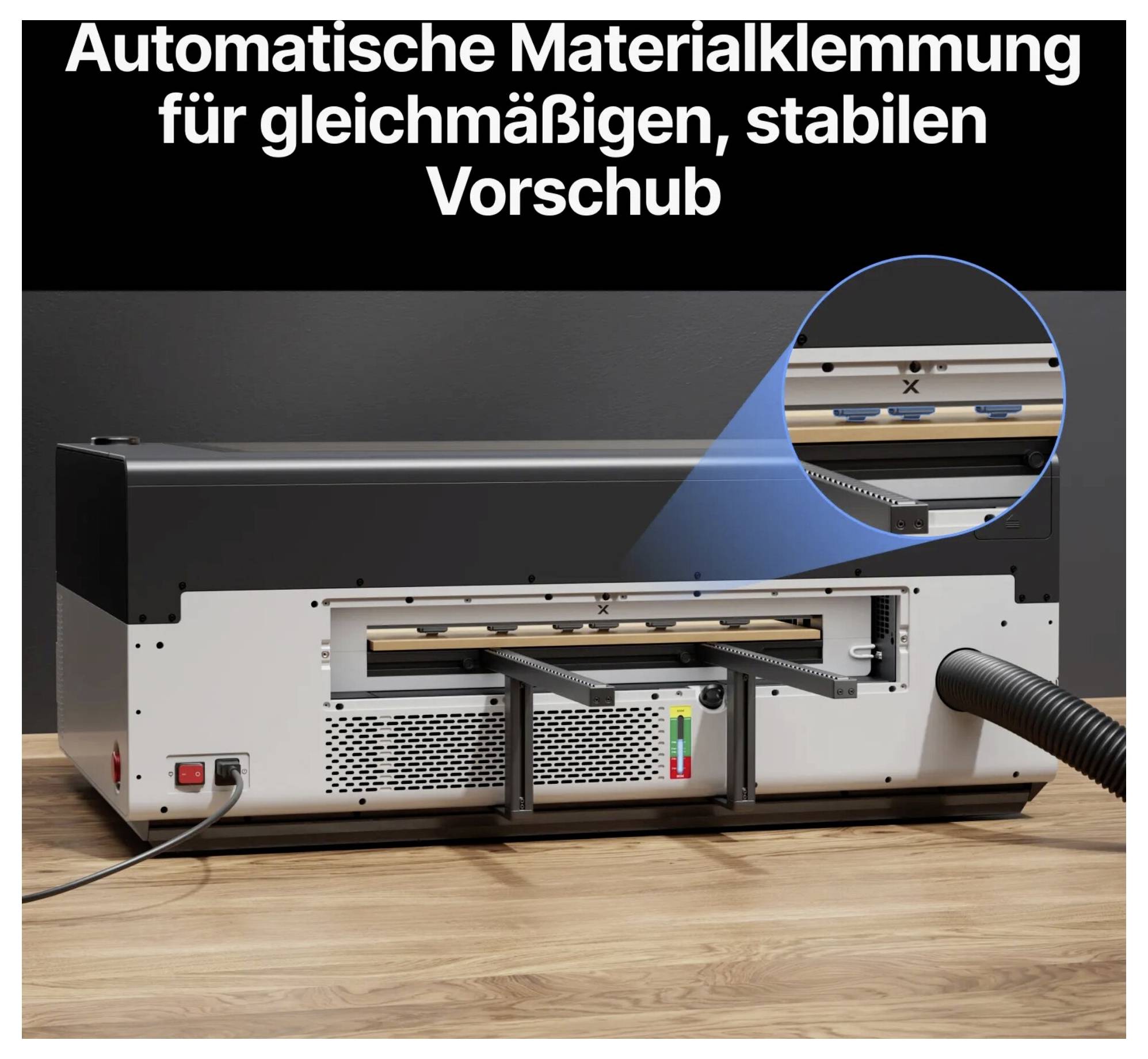 Maschine mit automatischer Materialspannung für gleichmäßiges, stabiles Vorschub, dargestellt mit einer Nahaufnahme des Spannmechanismus.
