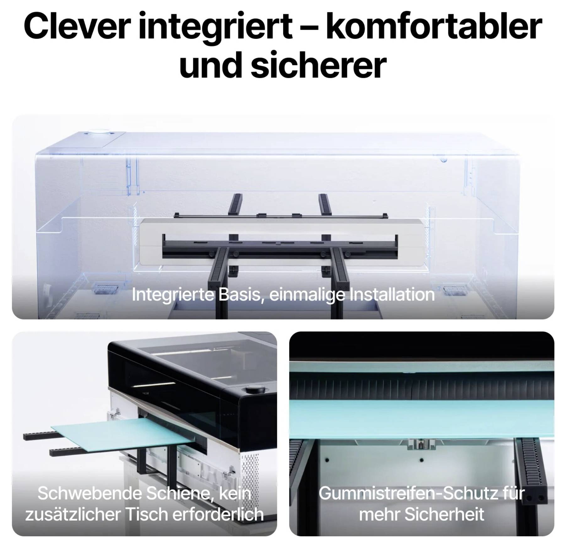 Integrierte Basis, einmalige InstallationSchwebende Schiene, kein zusätzlicher Tisch erforderlichGummistreifenschutz für mehr Sicherheit