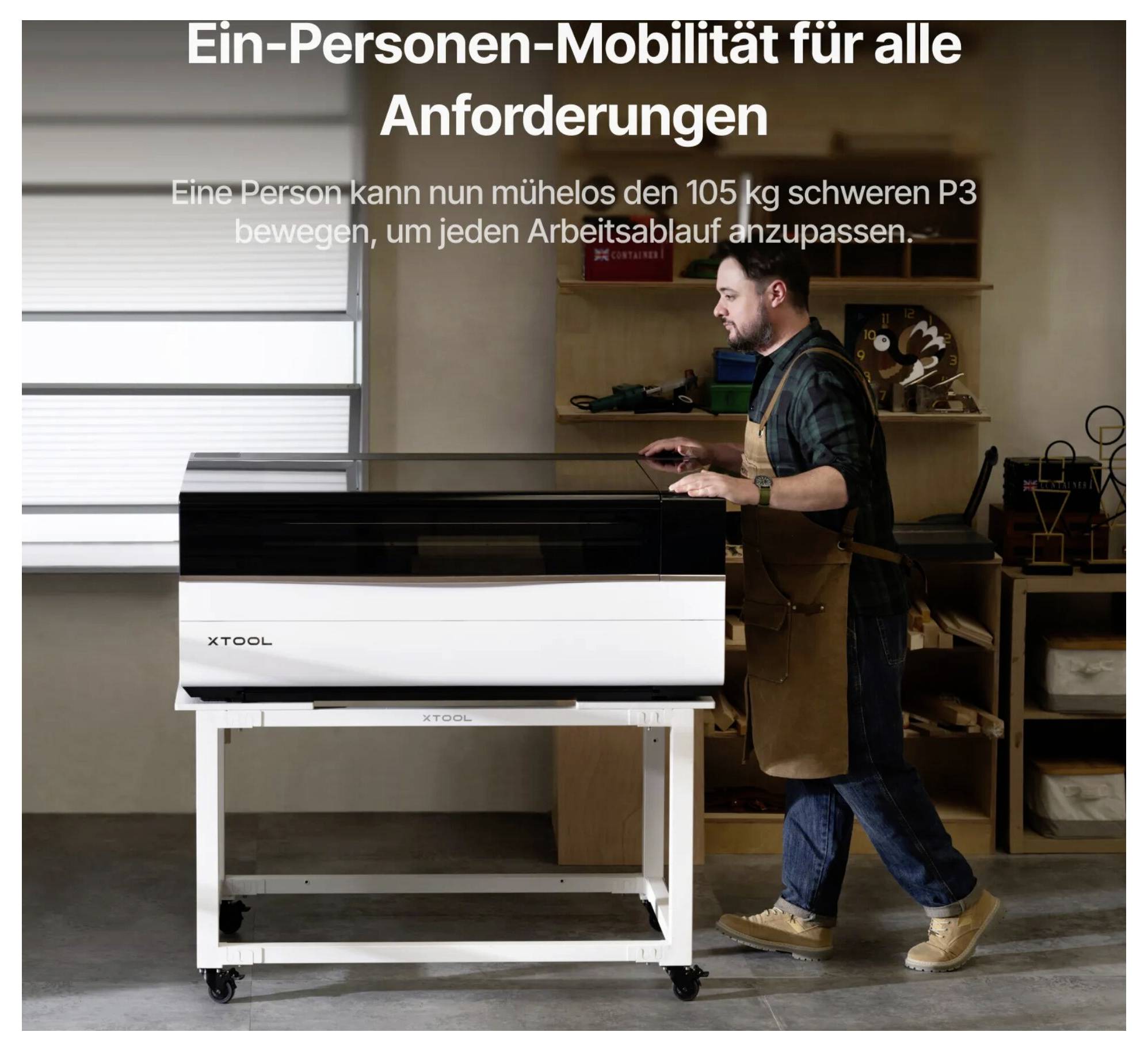 Mann bedient einen großen Industriedrucker in einer Werkstatt; deutscher Text besagt Eins-Personen-Mobilität für alle Anforderungen, eine 105-kg-P3-Maschine verschieben, um Arbeitsabläufe anzupassen.