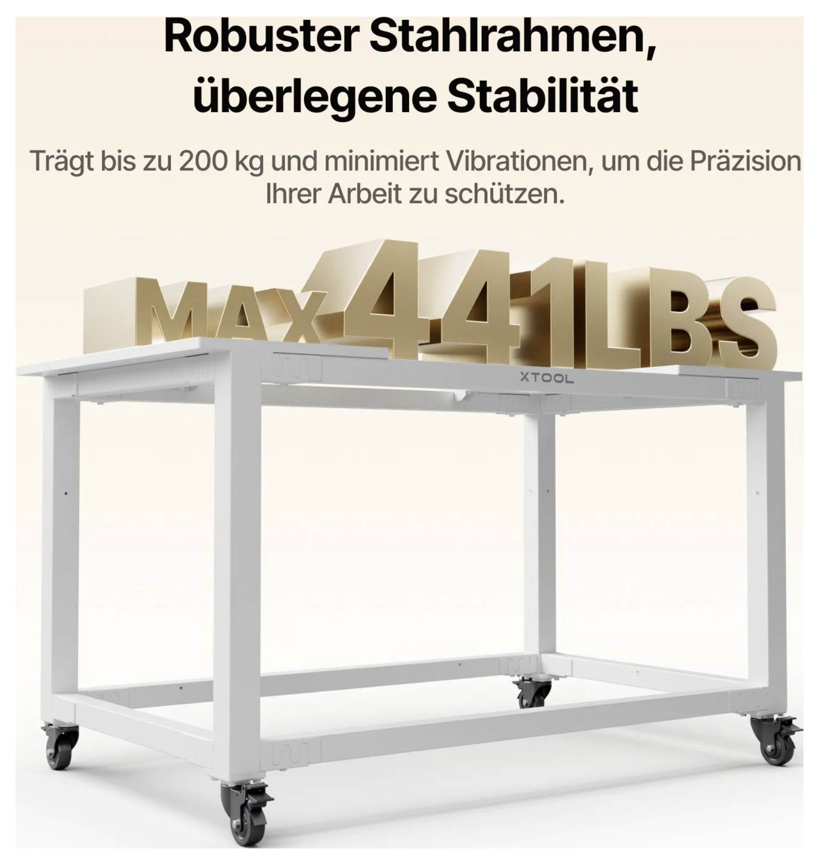 Weißer XTOOL-Stahlrahmen-Arbeitstisch auf Rollen mit der Aufschrift „MAX 441 LBS