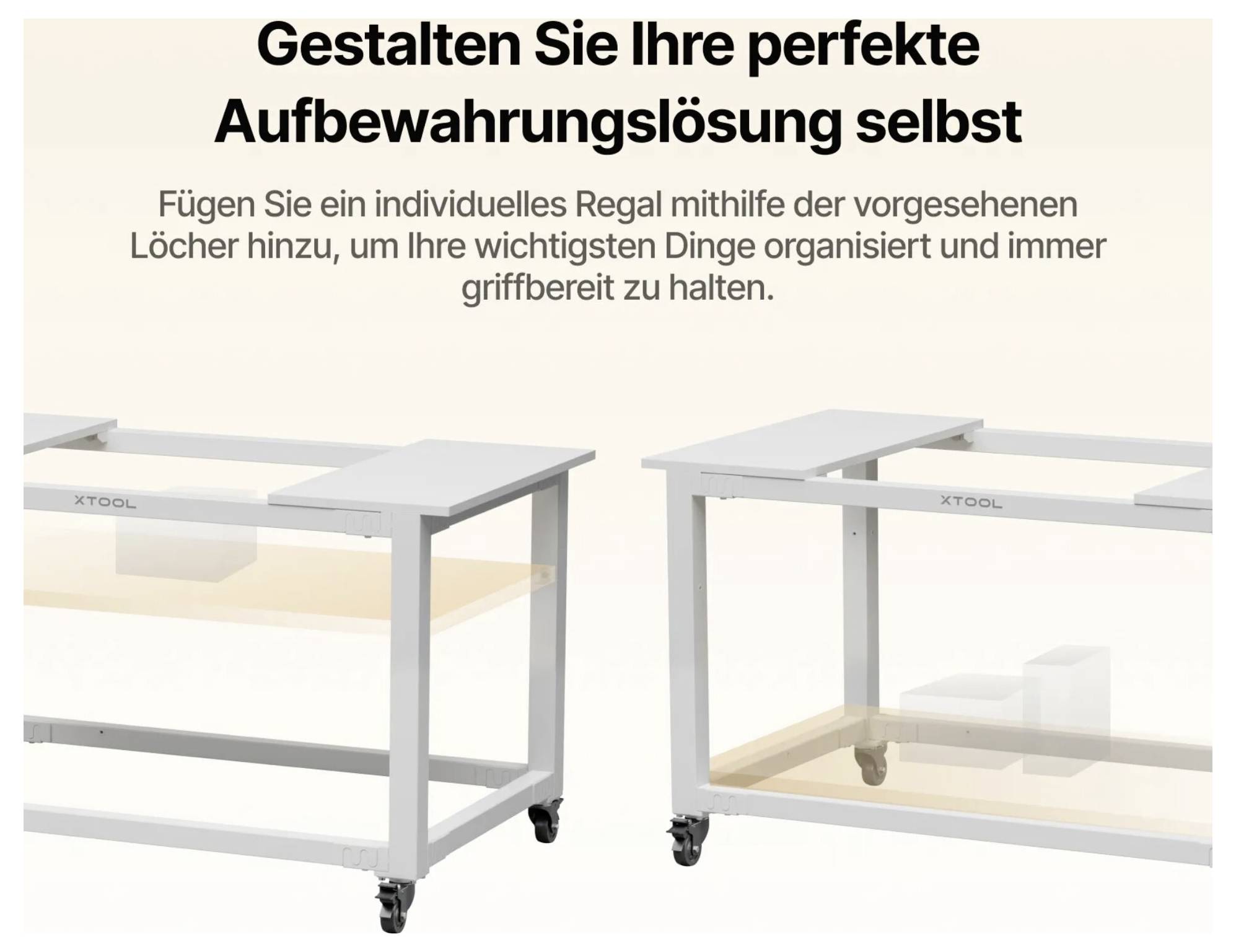 Gestalten Sie Ihre perfekte Aufbewahrungslösung selbstmit hinzugefügten Regalen zur Organisation Ihrer Gegenstände; zeigt fahrbaren Metallrahmen mit verstellbaren Löchern.