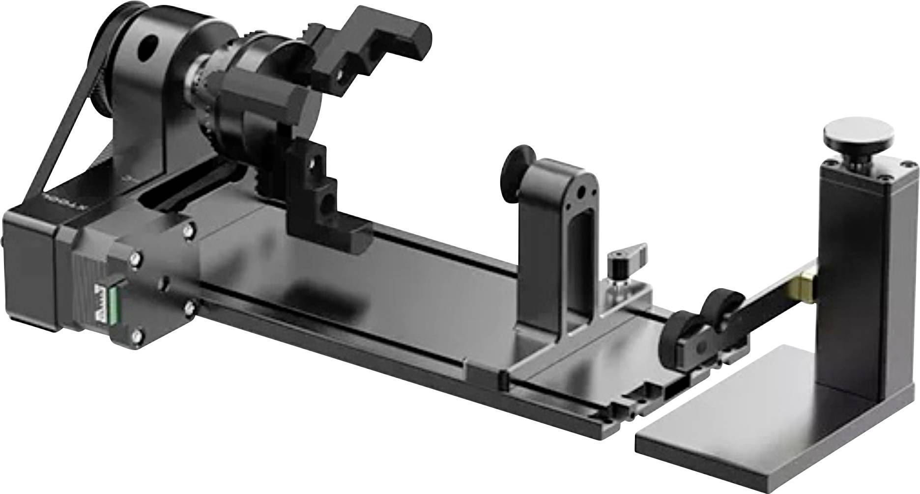 Industrielle Maschinenmontagezusammensetzung mit drehendem Spannfutter, linearem Schienensystem und hinterer Stützstrebe, die einen Präzisions-Spann- und Positionierungsmechanismus zeigt.