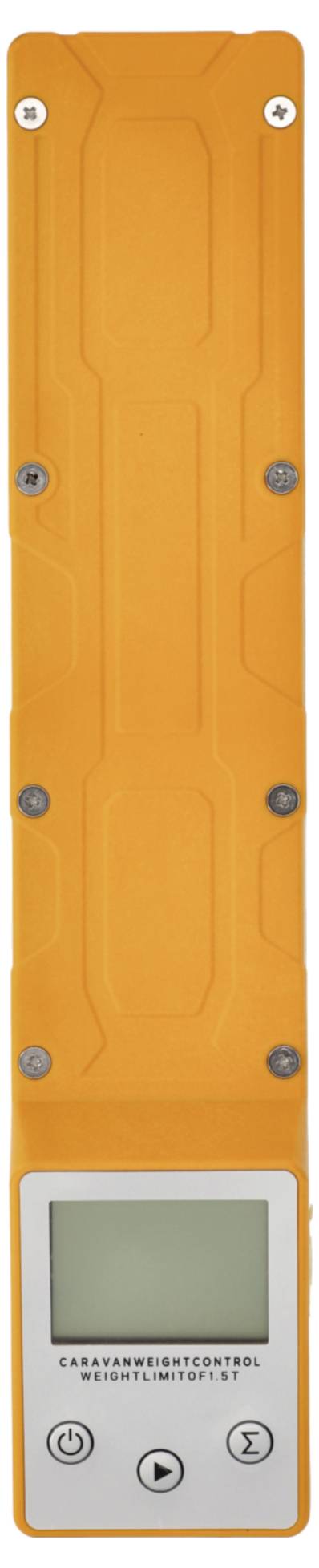 Ein orangefarbenes tragbares Gerät mit einem grauen Anzeigebildschirm, auf dem Tasten für Stromversorgung, Navigation und Auswahl angezeigt werden.