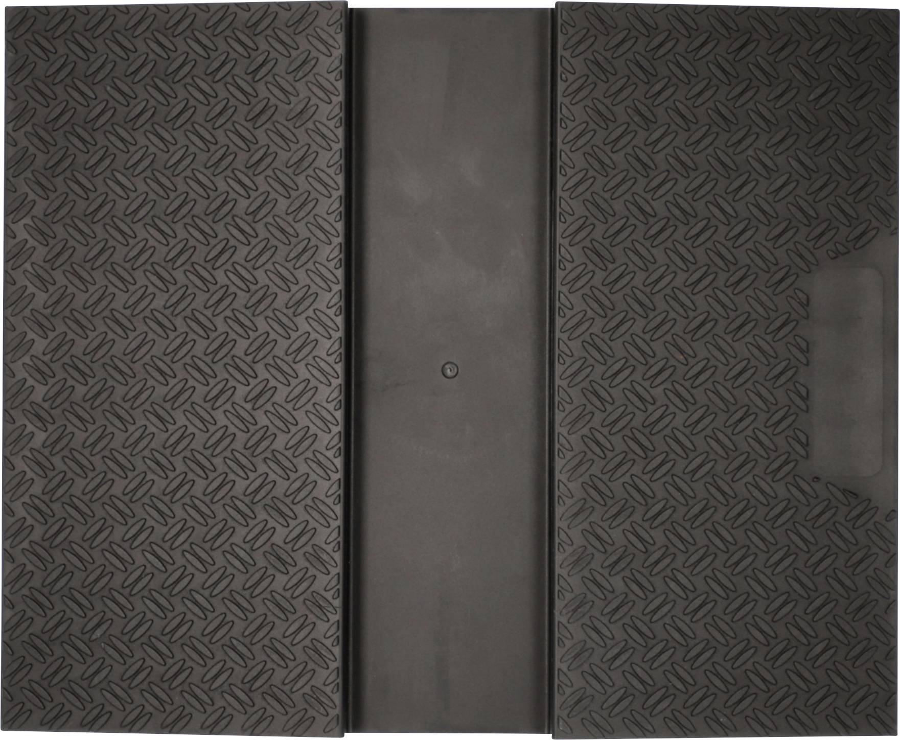 Eine strukturierte, dunkelgraue Metalloberfläche mit einem Riffelblech-Muster bedeckt ein großes, flaches Paneel. Zwei Abschnitte zeigen einen Griff und eine Trennlinie.
