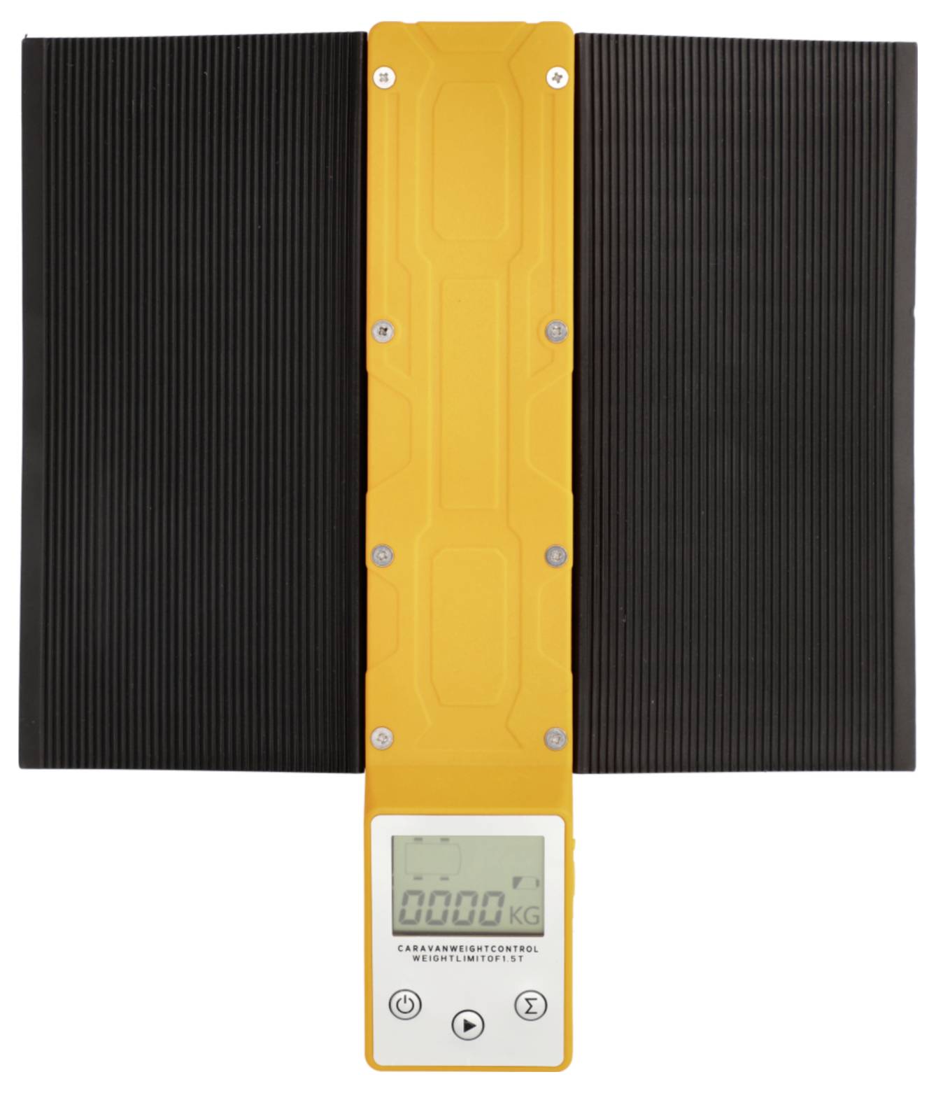 Eine digitale Waage mit gelbem Gehäuse und einem Display, das „0.000 KG