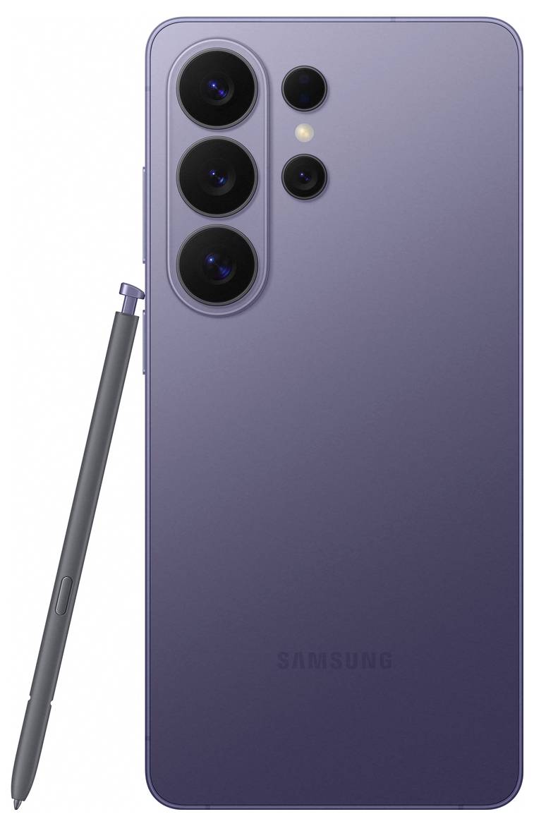 Ein Smartphone mit drei großen Kameraobjektiven auf der Rückseite, einem zusätzlichen kleineren Objektiv und einem Stylus, der gegen das Gerät lehnt.