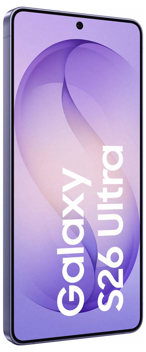 Ein Smartphone mit einem violetten Bildschirm zeigt die Worte „Galaxy S26 Ultra