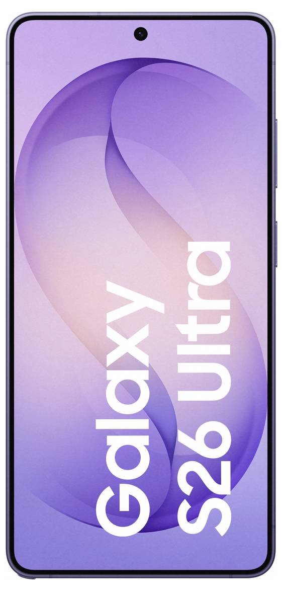 Ein Smartphone zeigt einen lila abstrakten Hintergrund mit dem Text „Galaxy S26 Ultra