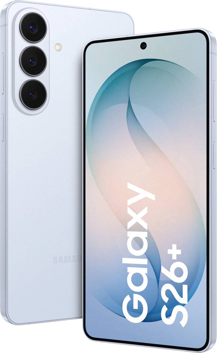 Samsung Galaxy S26+ Smartphone, Front- und Rückansicht, mit Kameraobjektiven und Bildschirm, auf dem der Text 