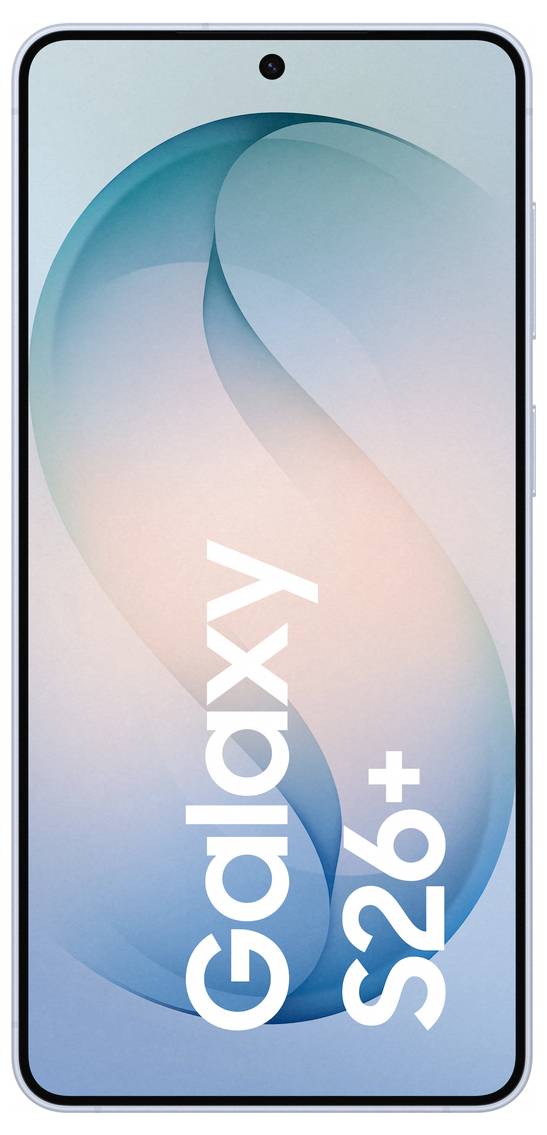 Ein Smartphone mit großem Display zeigt einen hellblauen Hintergrund und den Text „Galaxy S26+