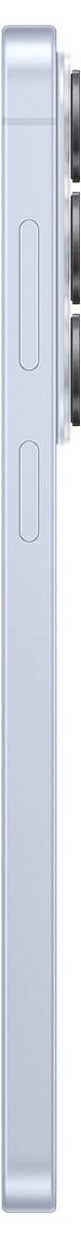 Seitenansicht eines hellblauen Smartphones, das die Lautstärkeregler und ein Kamerabuckel mit drei Linsen auf der Rückseite zeigt.