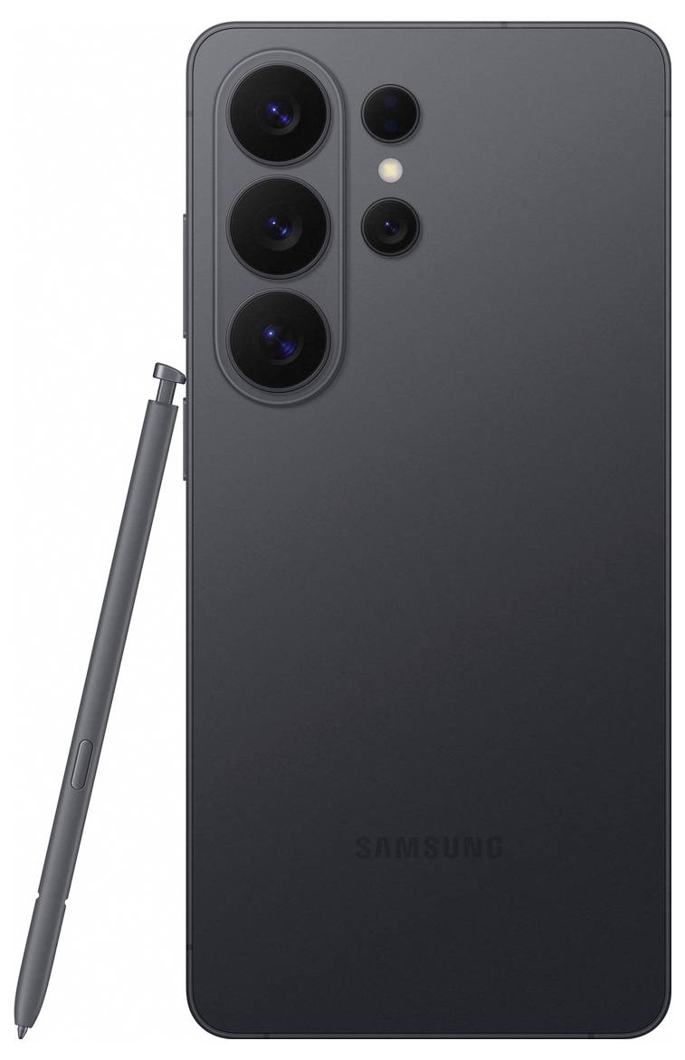 Ein schlankes schwarzes Smartphone mit drei großen rückwärtigen Kameras, die vertikal angeordnet sind, und einem kleineren Sensor. Ein S Pen Stylus ist daneben positioniert.