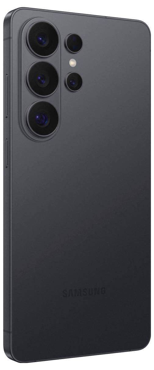 Ein elegantes schwarzes Smartphone, das auf der Rückseite mit einer vertikalen Anordnung von drei Kameras und einem LED-Blitz zu sehen ist und ein glattes, minimalistisches Design aufweist.