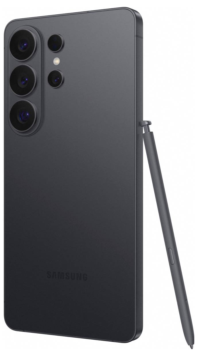 Ein schwarzes Smartphone mit drei hinteren Kameras und einem S Pen Stylus, der daneben positioniert ist.