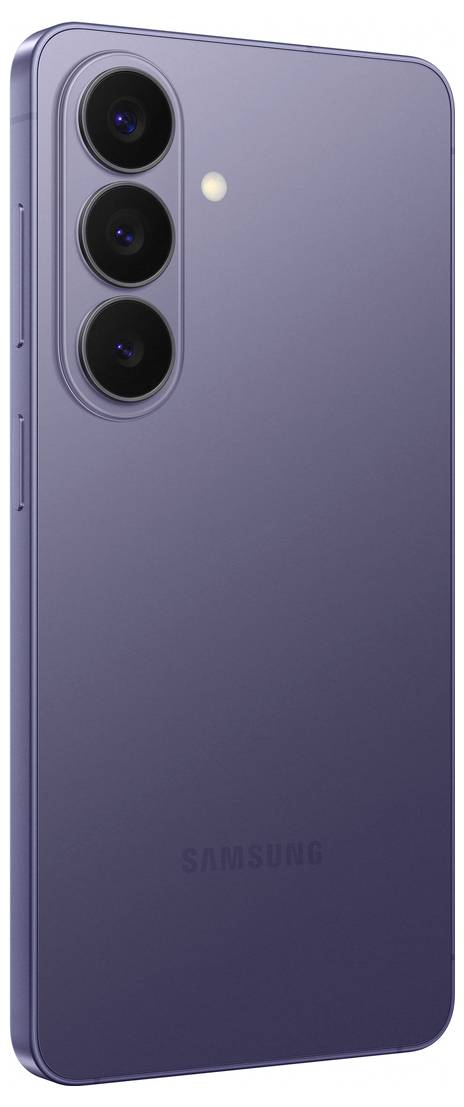 Ein violettes Smartphone mit drei rückwärtigen Kameras in einer vertikalen Anordnung und einem Blitz, das ein schlankes und modernes Design präsentiert.