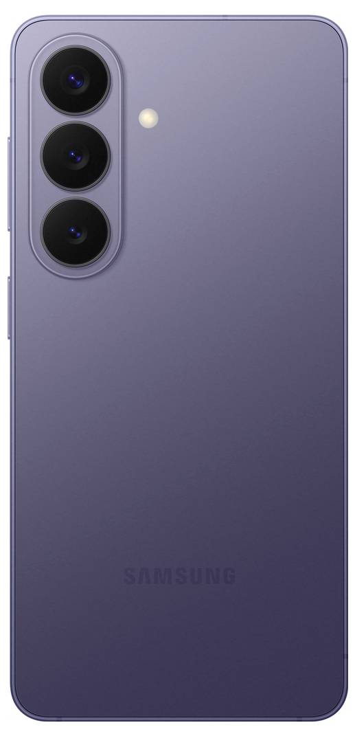 Das Bild zeigt die Rückseite eines violetten Smartphones mit drei vertikal ausgerichteten Kameras und einem Blitz.