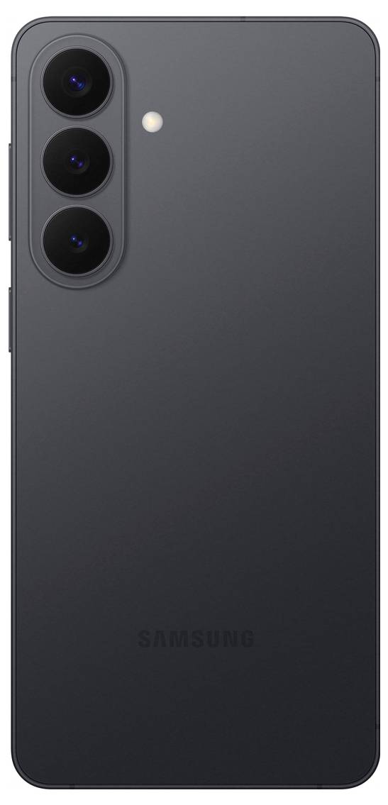 Ein schwarzes Smartphone, das die Rückseite zeigt, mit drei vertikal ausgerichteten Kameraobjektiven und einem kleinen Blitz in der Nähe. Das Samsung-Logo ist sichtbar.