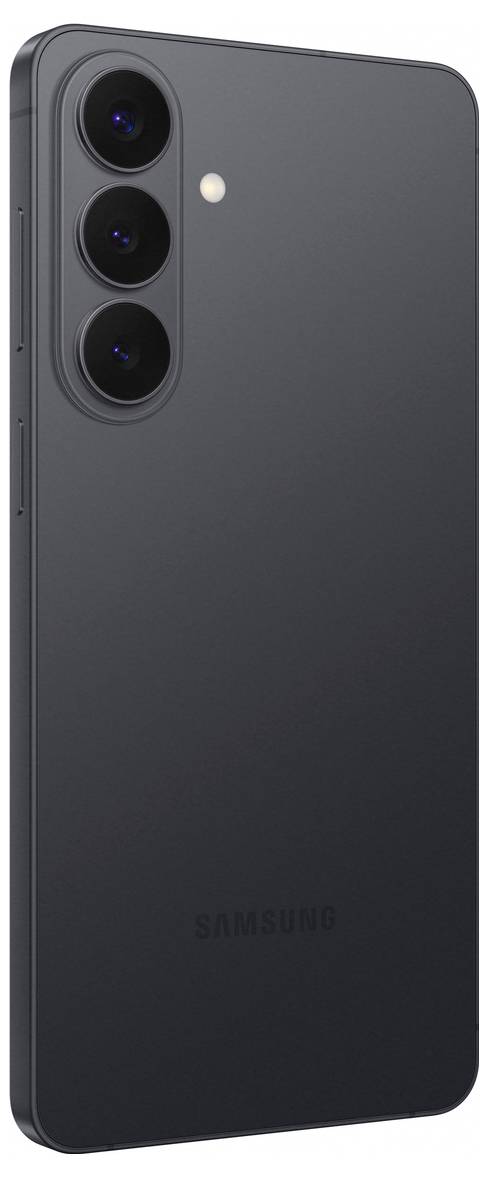 Ein schwarzes Smartphone mit drei nach hinten ausgerichteten Kameras, die vertikal in der oberen linken Ecke angeordnet sind. Die Rückseite hat eine matte Oberfläche mit dem 