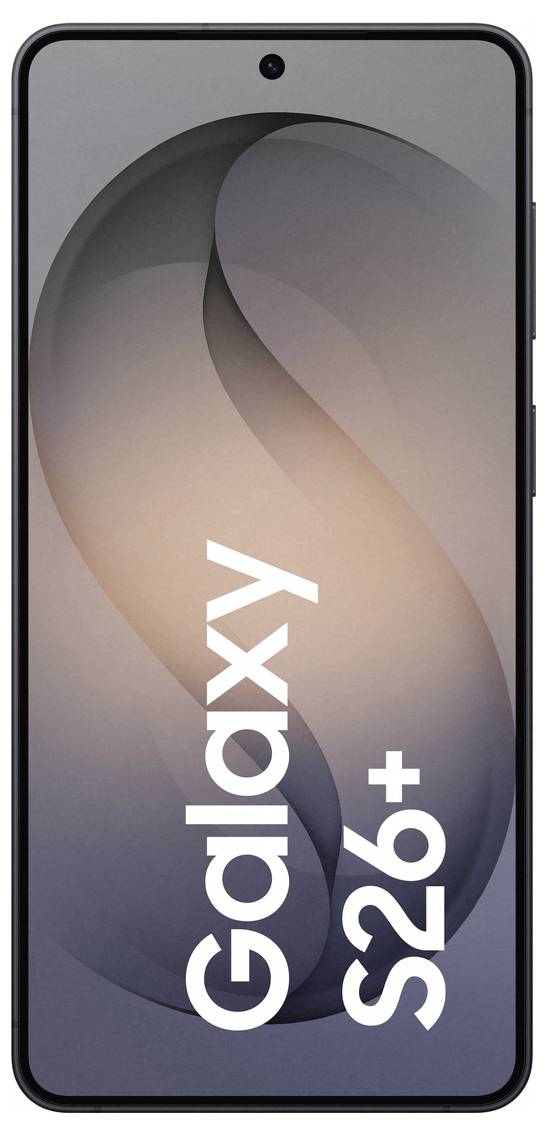 Ein Smartphone mit einem Display, das den Text "Galaxy S26+" anzeigt. Der Hintergrund zeigt ein stilisiertes "S"-Design in Grautönen.