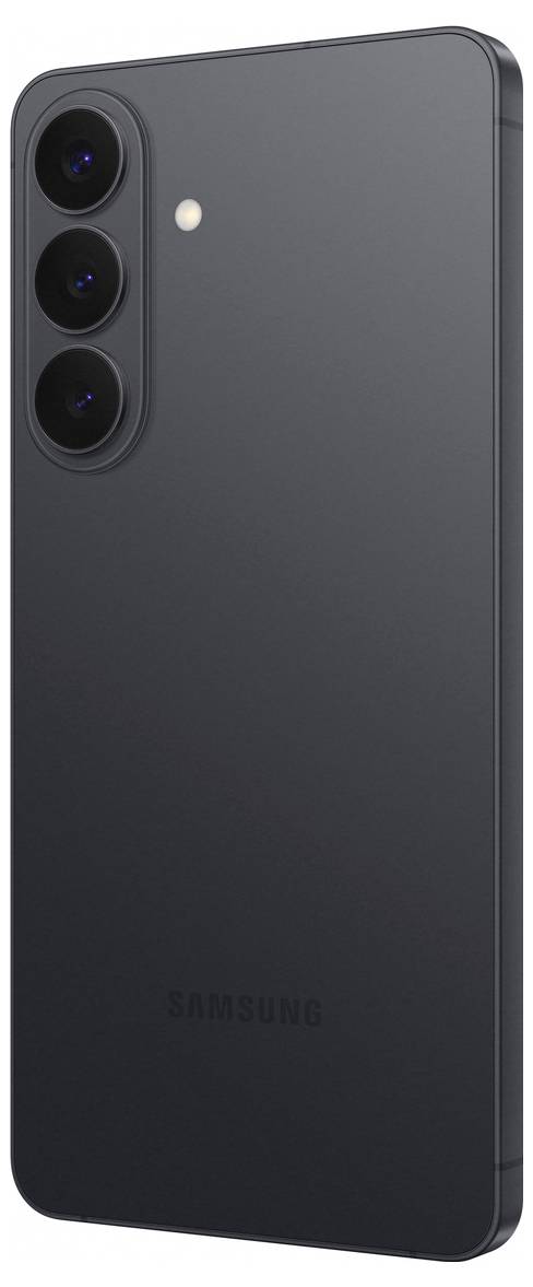 Ein elegantes, schwarzes Smartphone mit drei rückwärtigen Kameras und einem Blitz, das ein minimalistisches Design zeigt.