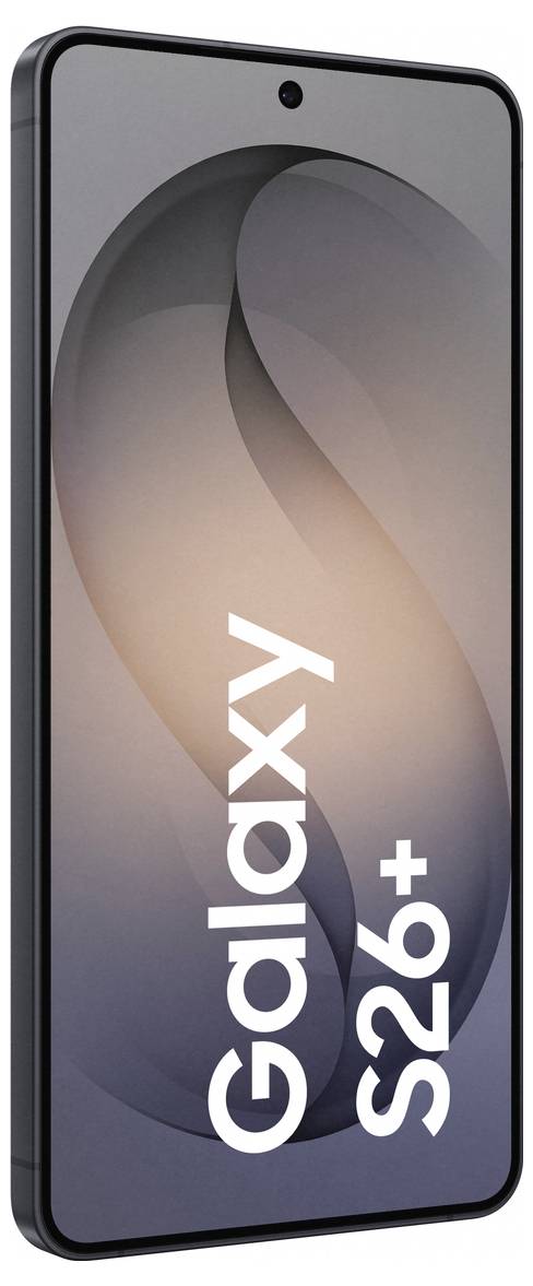 "Galaxy S26+" Smartphone mit eleganten Design und großem Display, mit einem subtilen Farbverlauf auf dem Bildschirm.