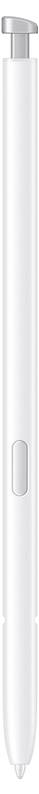 Ein schlanker, weißer Stift mit metallischer Spitze und Knopf, entwickelt für Touchscreens, vertikal vor weißem Hintergrund dargestellt.