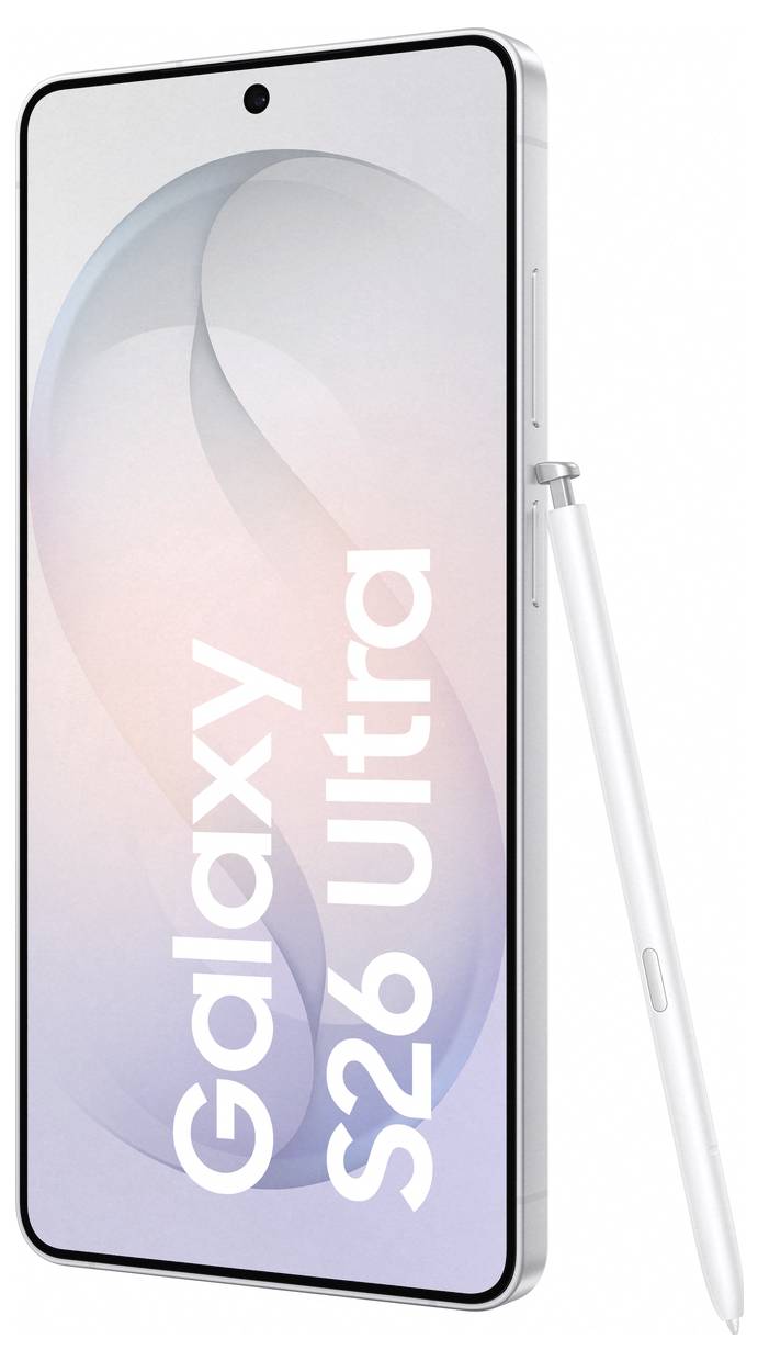Samsung Galaxy S26 Ultra in Weiß, mit einem Stift daneben. Das Display zeigt Branding-Text. Weist ein modernes, schlankes Design auf.