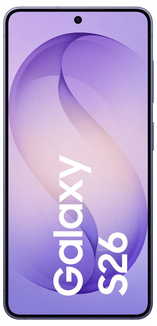 Ein Smartphone zeigt einen großen Text „Galaxy S26