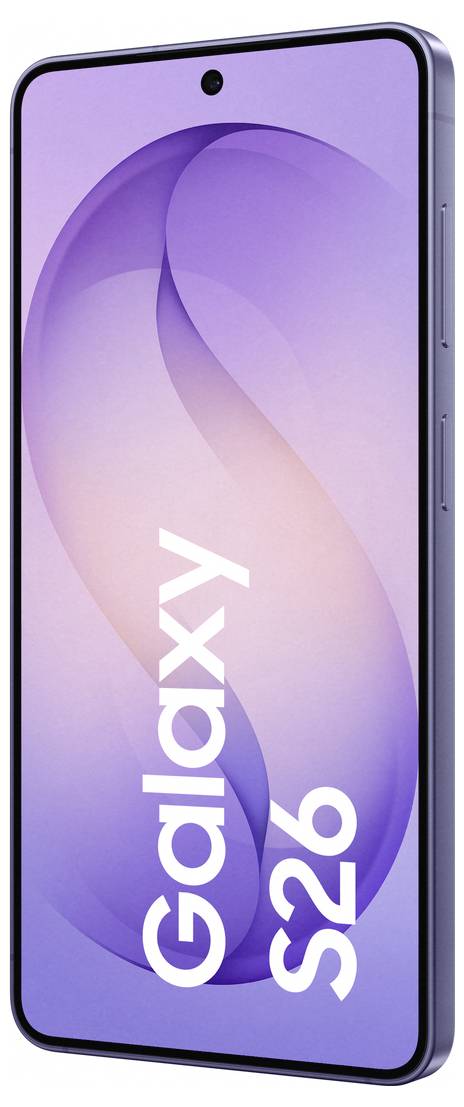Smartphone mit violettem Farbverlauf-Bildschirm, mit dem Text „Galaxy S26
