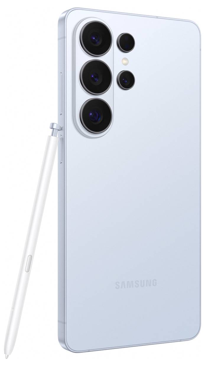 Ein hellblaues Smartphone mit vier rückseitigen Kameras und einem weißen Stift, seitlich angezeigt, das sein elegantes Design zur Schau stellt.